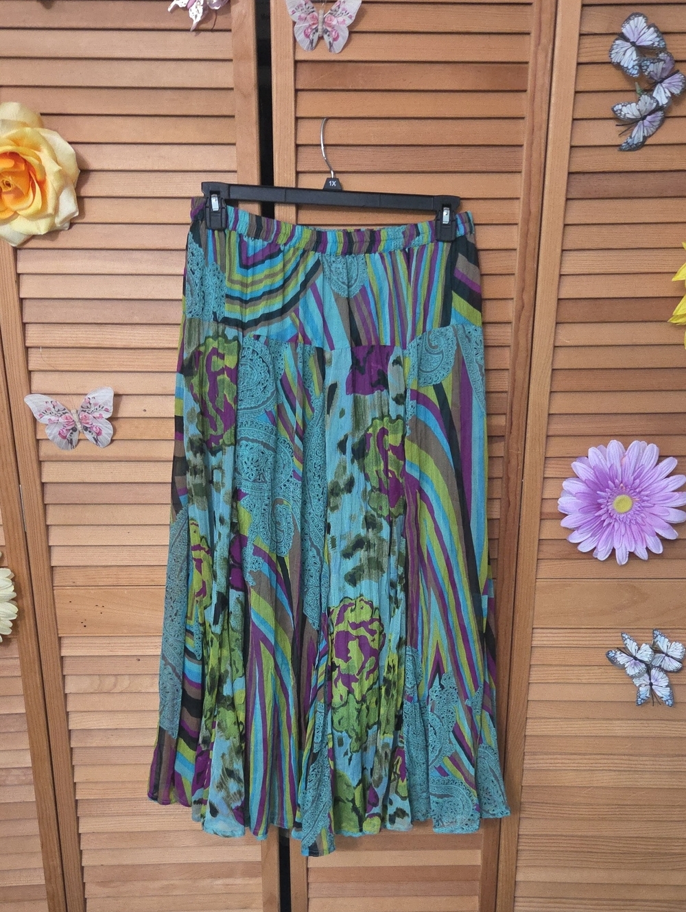 Boho Multicolor Pattern Midi Skirt - Turquoise, Purple & Green.  Includes Scarf